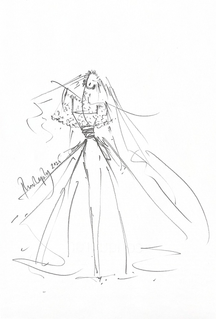 Phillipa Lepley's sketch of Princess Aisha's wedding dress