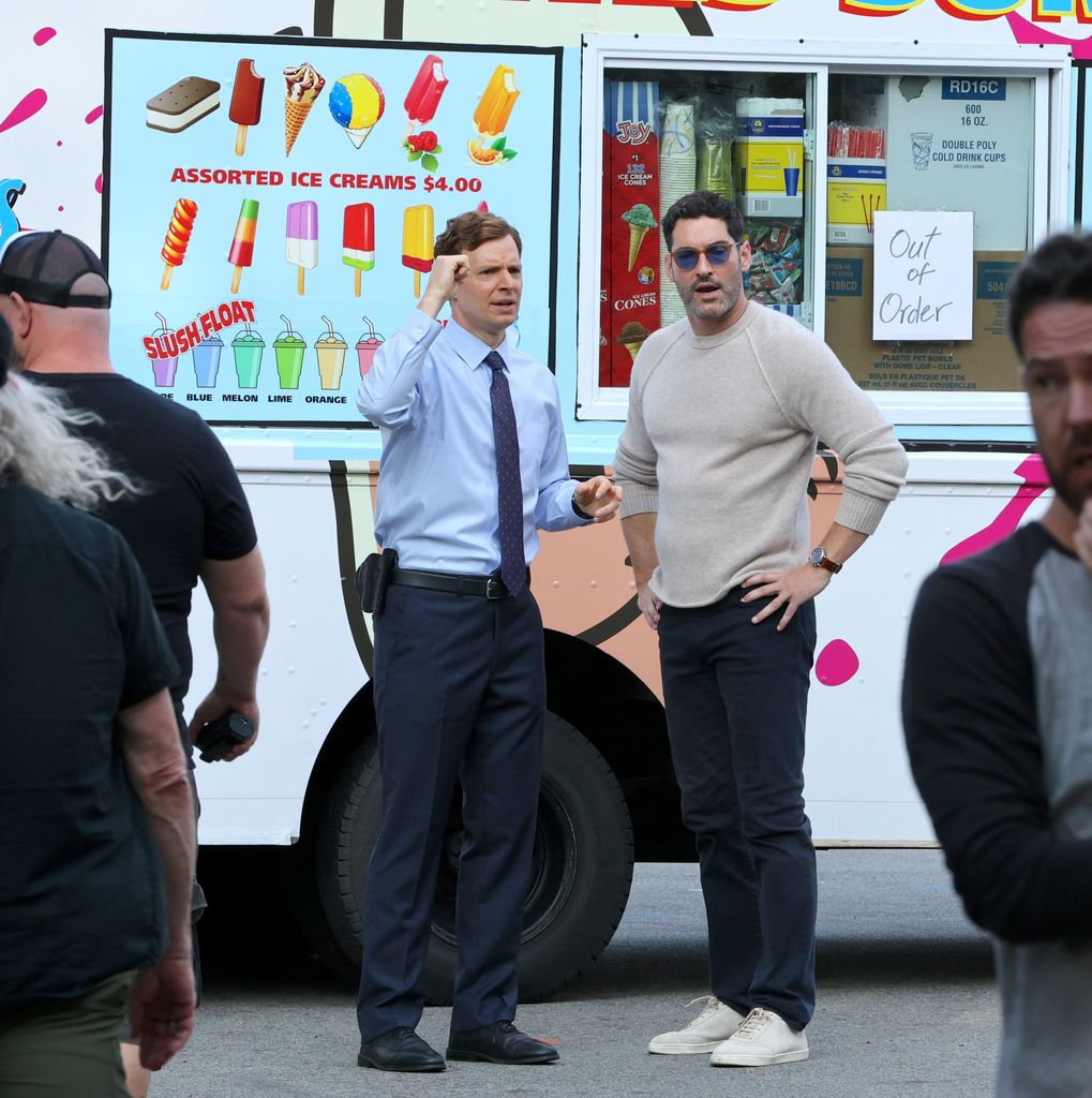 Nick Gehlfuss and Tom Ellis are seen on the set of "CIA" in Flushing Meadows Park, Queens on September 23, 2025 in New York City