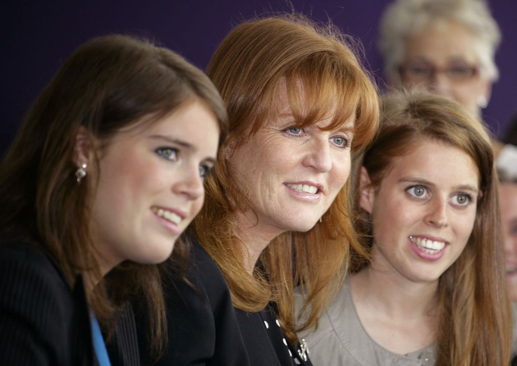 Princess Eugenie, Sarah Ferguson and Princess Beatrice smiling