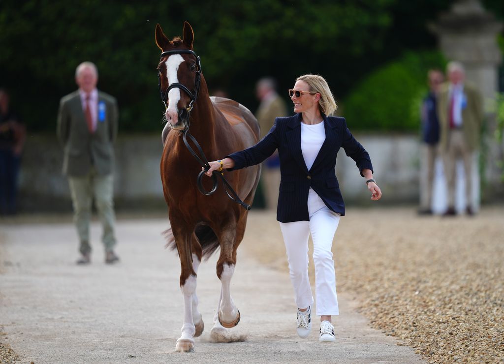 Class Affair and Zara Tindall during the first horse inspection on day one of the Badminton Horse Trials 2024