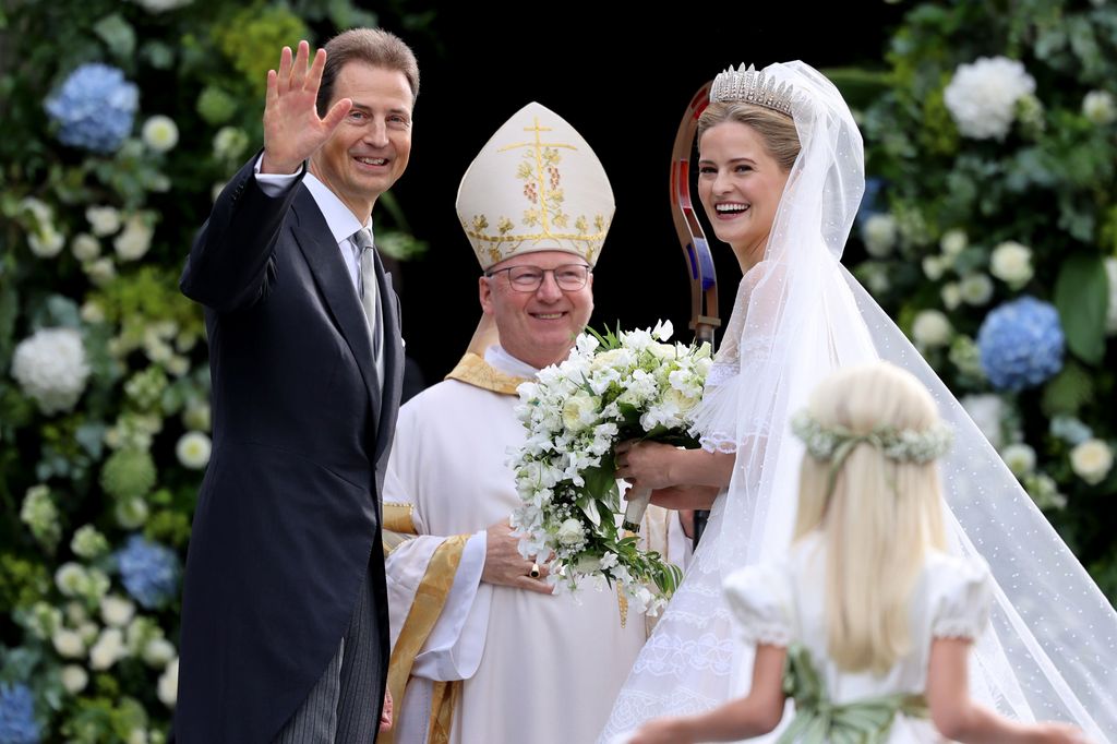 Alois, Hereditary Prince of Liechtenstein, Bishop Benno Elbs and Princess Marie Caroline of Liechtenstein attend the wedding of Princess Marie Caroline of Liechtenstein To Mr Leopoldo Maduro Vollmer at Cathedral of St. Florin 