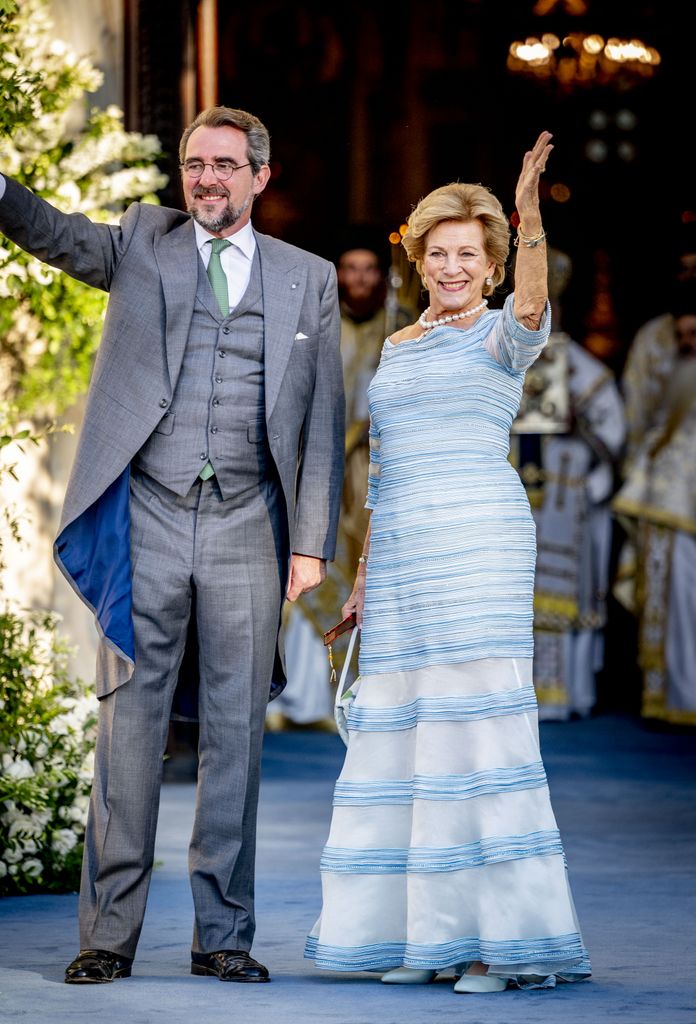 Queen Anne-Marie and Prince Nikolaos, Wedding of Princess Theodora of Greece and Matthew Kumar at the Cathedral of the Annunciation in Athens, Greece, September 28, 2024.
