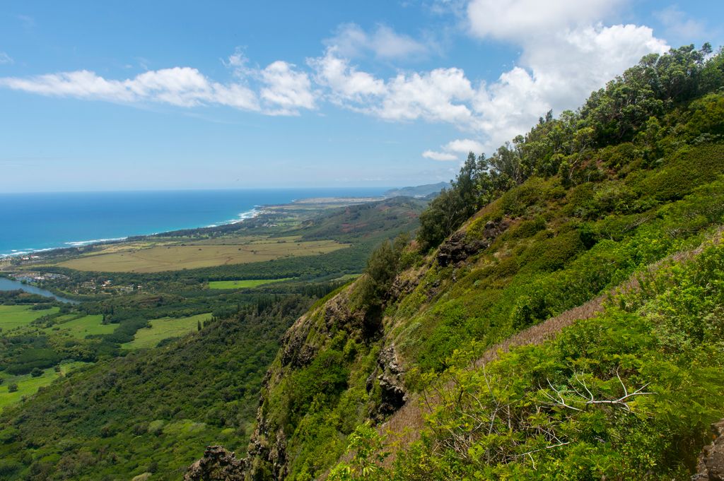 View from the Sleeping Giant, also known as Nounou Mountain, a mountain ridge located west of the towns Wailua and Kapaa in the Nounou Forest Reserve on the Hawaiian Island of Kauai, Hawaii