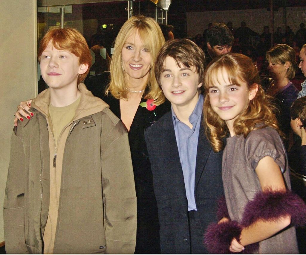 J.K. Rowling pictured with Daniel Radcliffe, Emma Watson and Rupert Grint in 2004