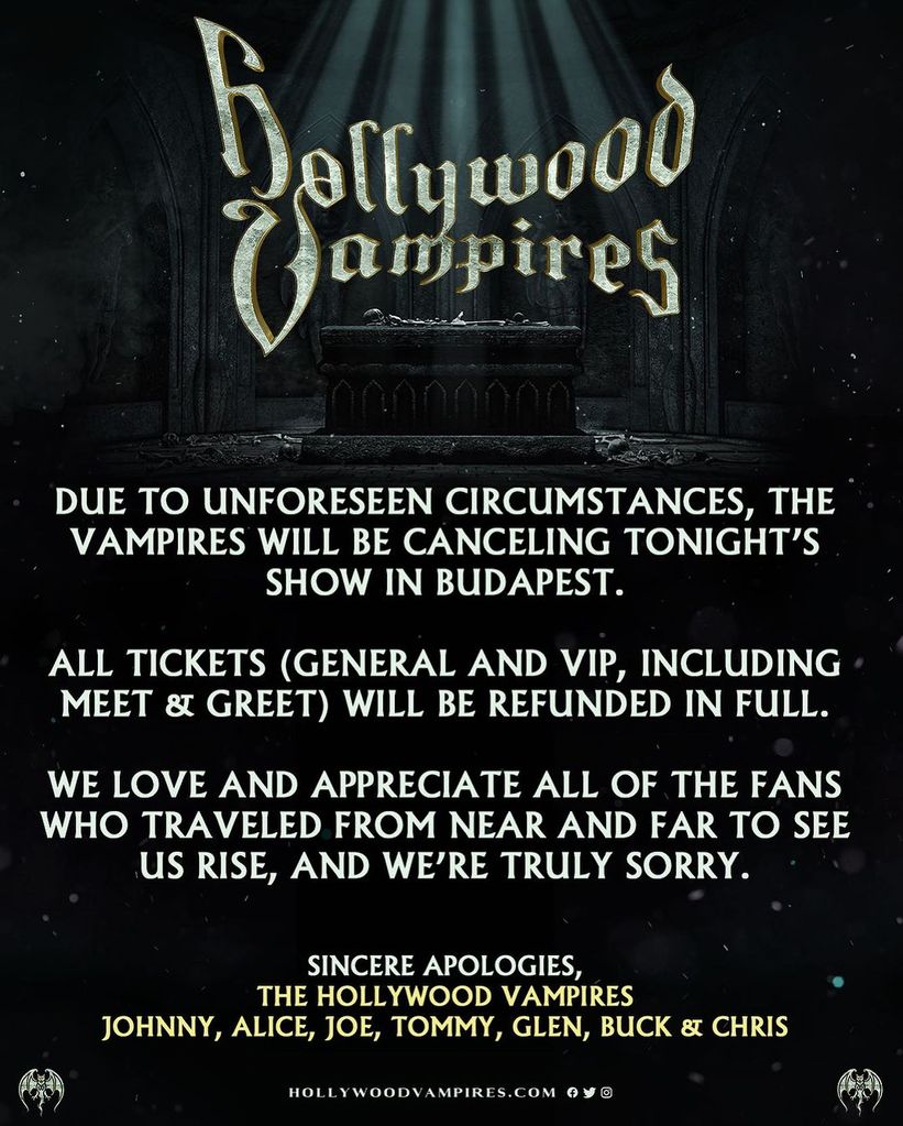 Hollywood Vampires share a statement announcing the sudden cancelation of their show in Budapest on July 18
