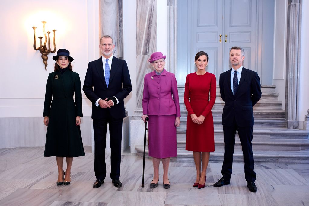Crown Princess Mary of Denmark, King Felipe VI of Spain, Queen Margrethe of Denmark, Queen Letizia of Spain and Crown Prince Frederik of Denmark arrive at the Amalienborg Palace 