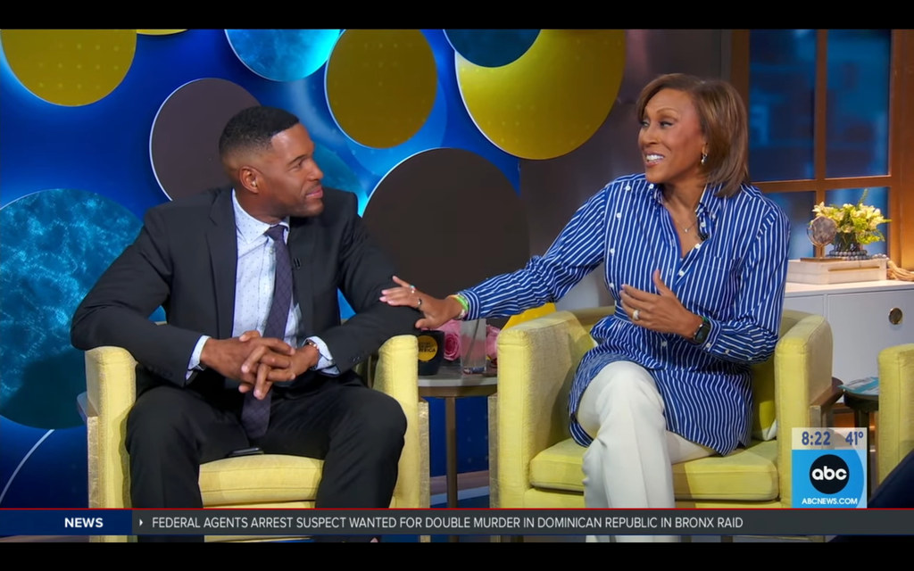 Michael Strahan receives support on the air from Good Morning America co-anchor Robin Roberts