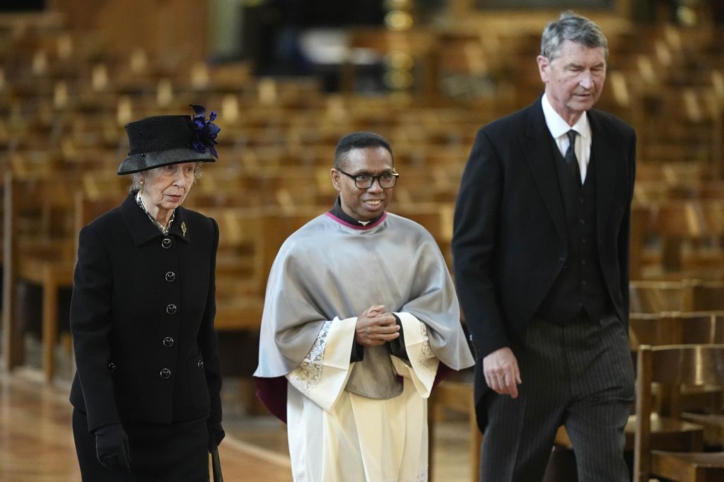 he Princess Royal and Vice Admiral Sir Timothy Laurence arrives for the Requiem Mass service for the Duchess of Kent, at Westminster Cathedral 