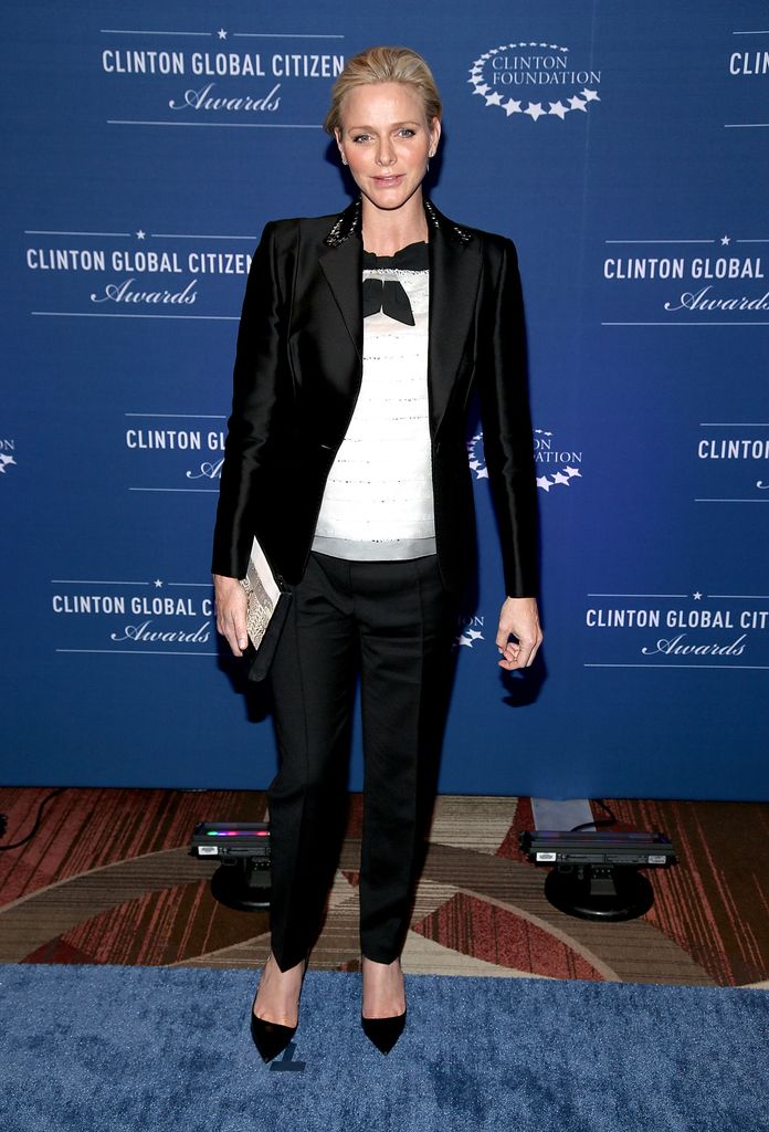Princess Charlene in a black tailored suit