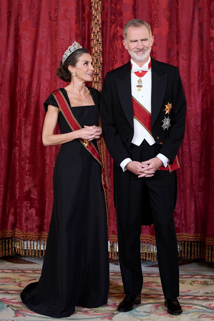 Queen Letizia of Spain with King Felipe VI of Spain attend a dinner gala at the Royal Palace on November 26, 2025 in Madrid, Spain