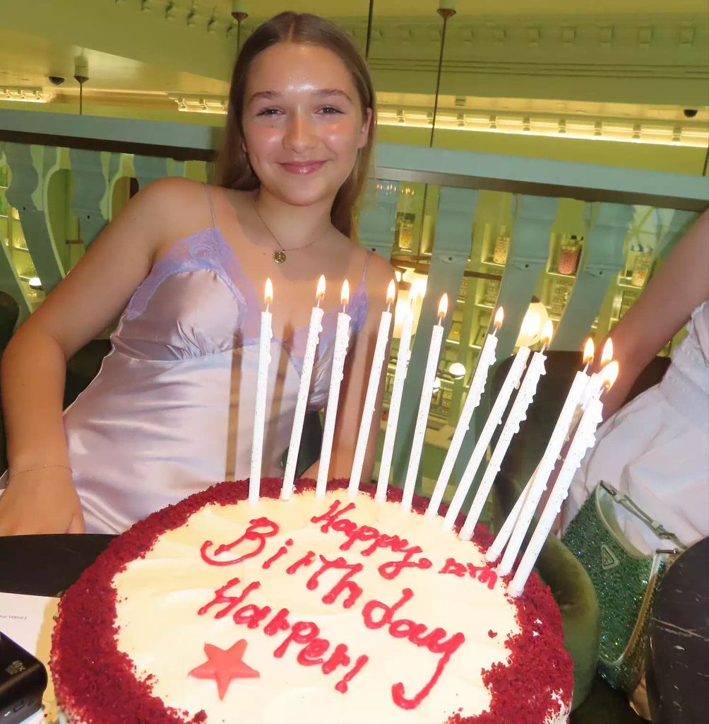 Harper beckham in lilac dress with birthday cake