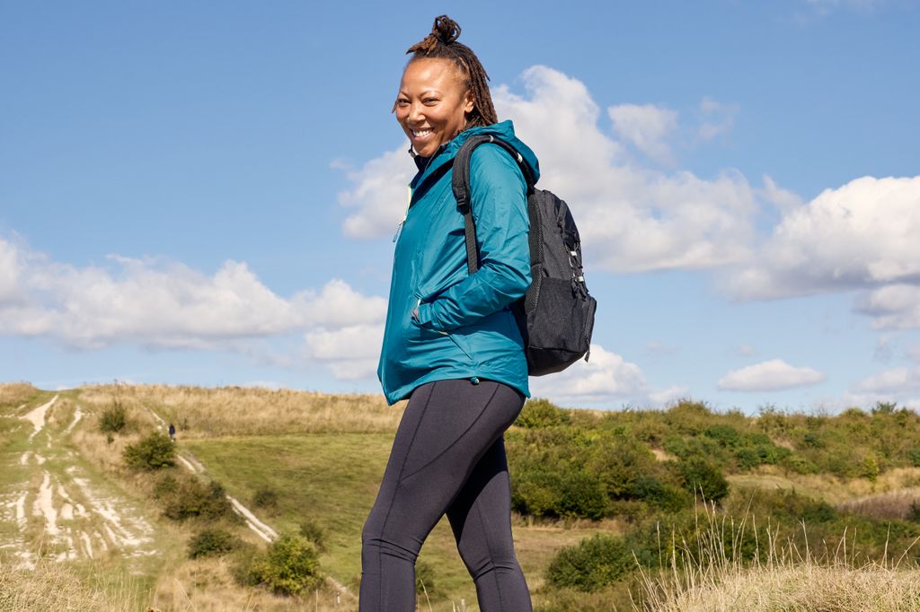 woman hiking in raincoat