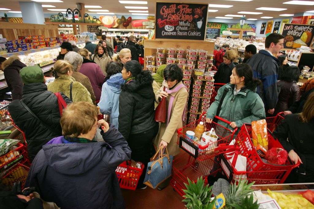 Grocery shoppers at a New York Trader Joe's
