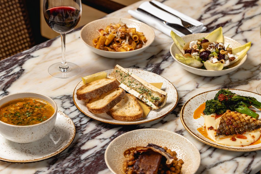 plates of food on marble table