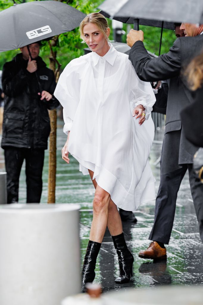 Charlize Theron is seen outside the Netflix Upfront at Perelman Performing Arts Center in Financial District on May 14, 2025 in New York City.