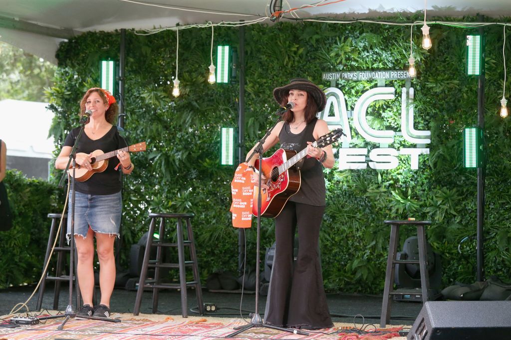 AUSTIN, TX - OCTOBER 10:  Cathy Guthrie (L) and Amy Nelson of Folk Uke perform in concert during day two of the second weekend of Austin City Limits Music Festival at Zilker Park on October 10, 2021 in Austin, Texas  (Photo by Gary Miller/Getty Images)