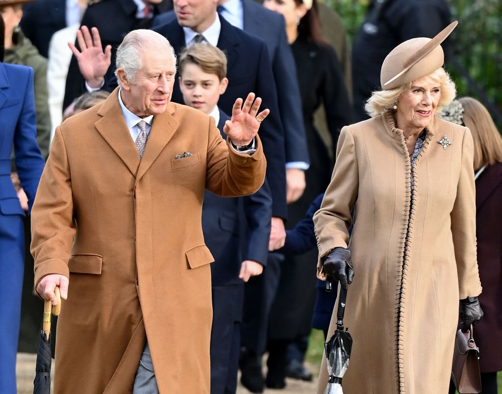 King Charles III and Queen Camilla arrive at St. Mary Magdalene Church Christmas Day church service