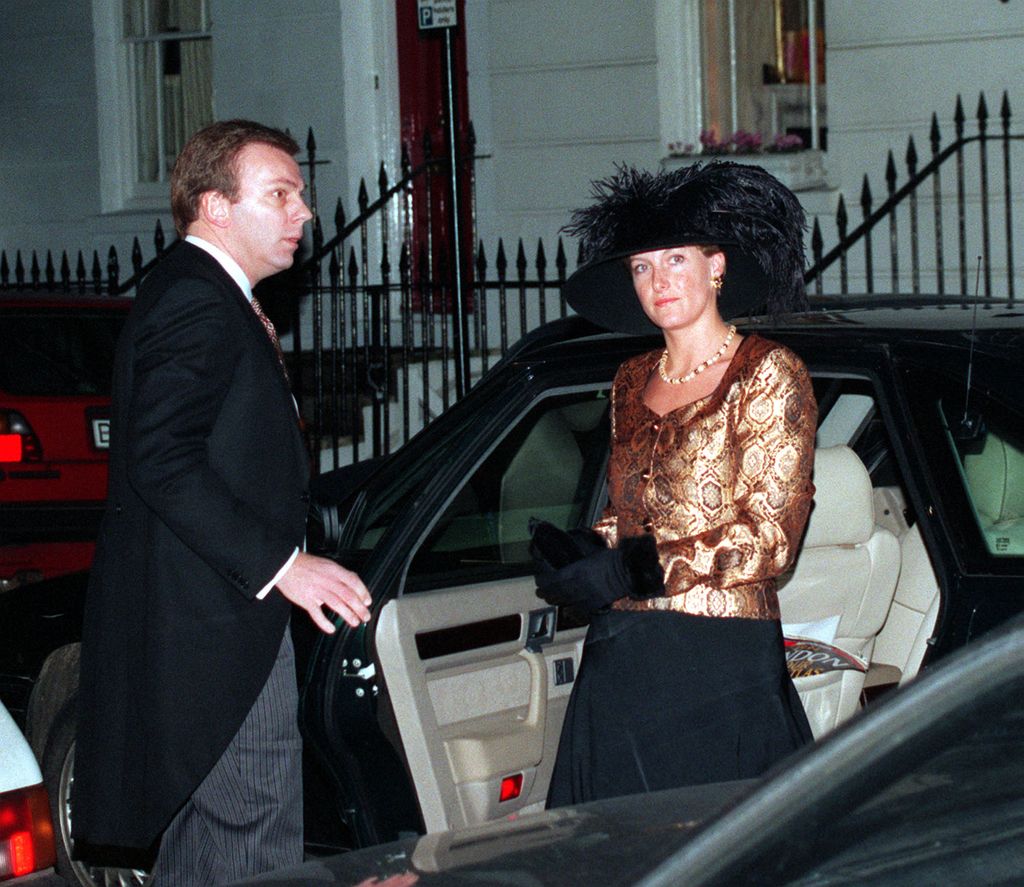 Duchess Sophie in 1994- exiting car in metallic jacket and hat