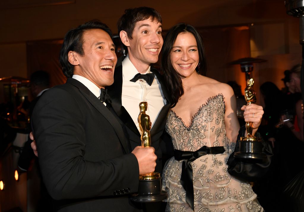 Jimmy Chin, Alex Honnold, and Elizabeth Chai Vasarhelyi, winners of the Documentary (Feature) award for 'Free Solo,' attend the 91st Annual Academy Awards Governors Ball at Hollywood and Highland on February 24, 2019 in Hollywood, California.