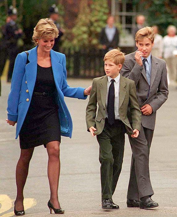 Prince William with Diana, Princess of Wales and Prince Harry on the day he joined Eton in September 1995.