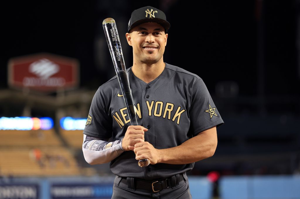 Giancarlo Stanton #27 of the New York Yankees poses with the Ted Williams MVP Award after the American League defeated the National League 3-2 during the 92nd MLB All-Star Game presented by Mastercard at Dodger Stadium on July 19, 2022 in Los Angeles, California.