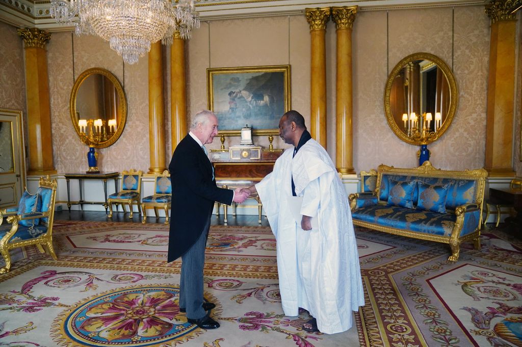 King Charles III receives Samba Mamadou Mauritania's Ambassador to the United Kingdom, during an audience in Buckingham Palace in London 