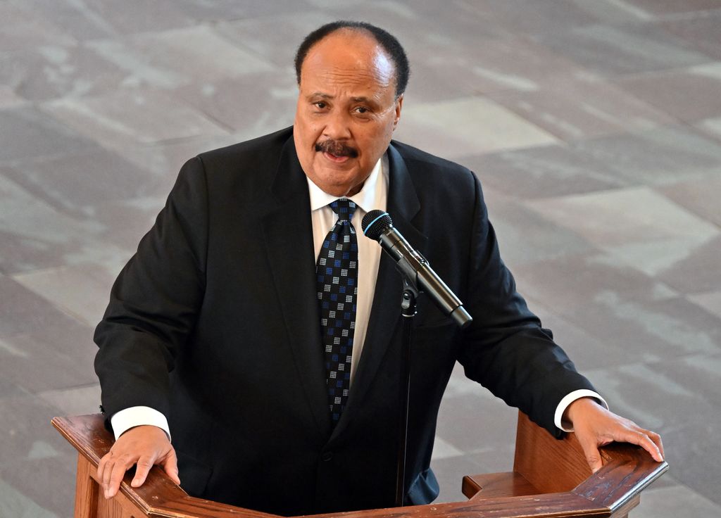 ATLANTA, GEORGIA - JULY 16: Martin Luther King III, son of Dr. Martin Luther King, Jr., speaks onstage during the funeral service of Dr. Christine King Farris, the eldest sister and last living sibling of civil rights leader Dr. Martin Luther King Jr., at Ebenezer Baptist Church on July 16, 2023 in Atlanta, Georgia. The educator and civil rights leader passed away on June 29 at the age of 95.  (Photo by Paras Griffin/Getty Images)