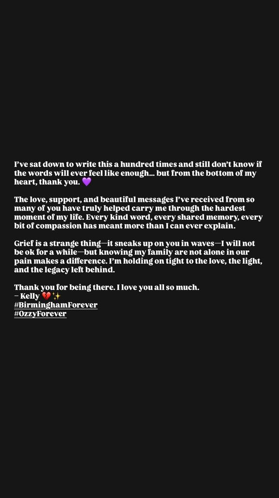 Kelly Osbourne's statement on the death of her father Ozzy Osbourne, shared on Instagram Stories