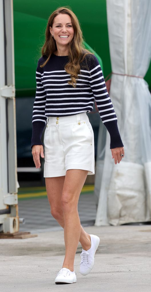 Catherine, Duchess Of Cambridge is seen during her visit to the 1851 Trust and the Great Britain SailGP Team wearing Erdem Breton and Holland Cooper