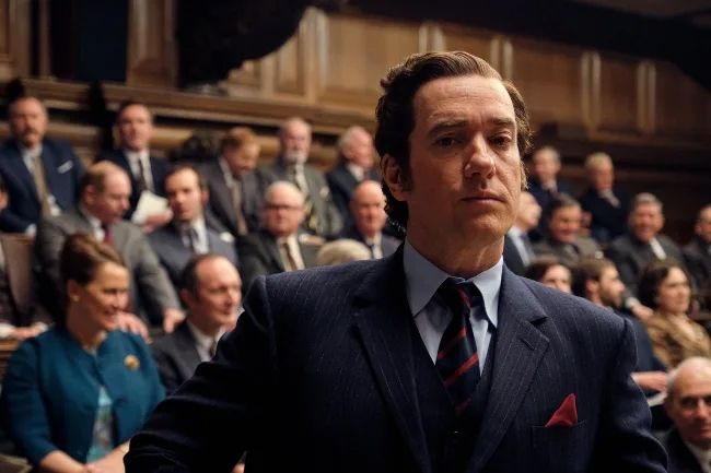 Matthew Macfadyen in a courtroom while wearing a suit