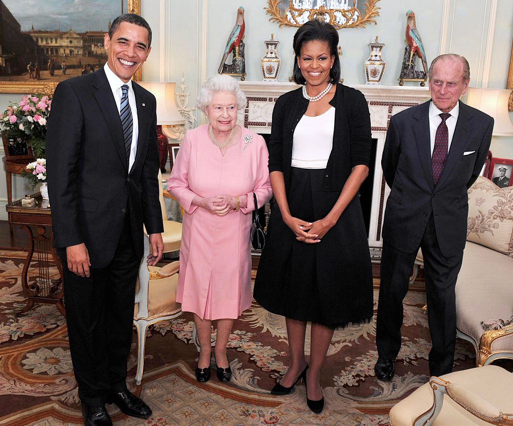 US President Barack Obama and his wife Michelle Obama pose for photographs with Queen Elizabeth II and Prince Philip, Duke of Edinburgh 