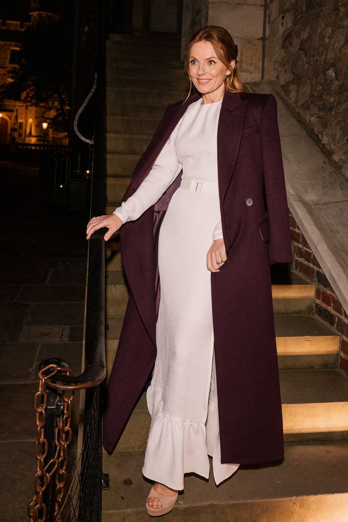 Geri wearing white maxi dress in london 