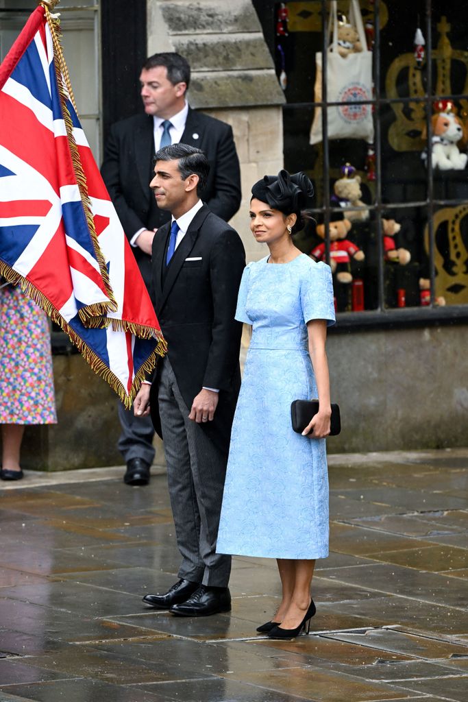 British Prime Minister Rishi Sunak and his wife Akshata Murty await the arrival of Britain's King Charles III and Britain's Camilla, Queen Consort