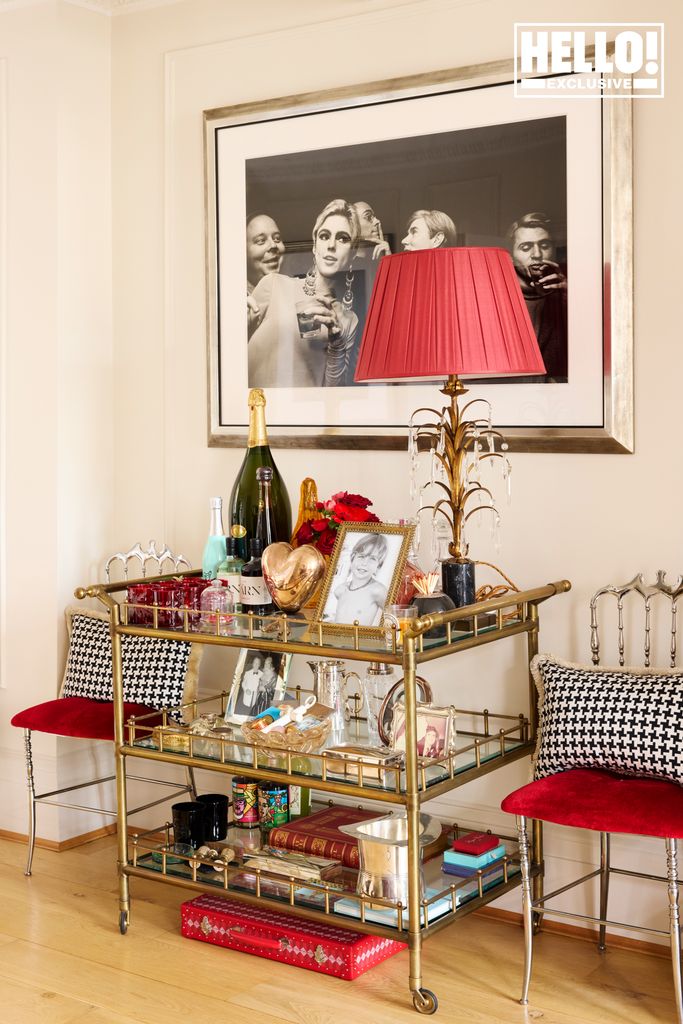 Tamara Beckwith's drinks trolley with a red lamp on top 