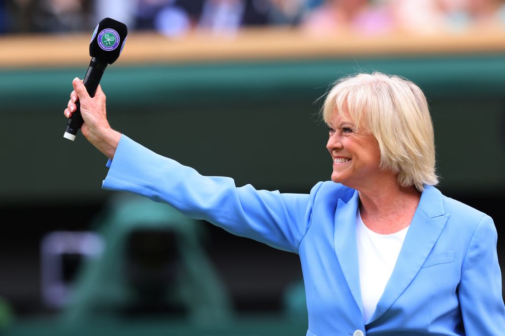 Sue Barker is introduced to the crowd at centre court for the 100 year celebration; 3rd July 2022