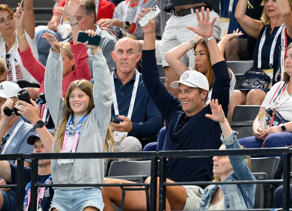 Tom Brady and his daughter Vivian Lake Brady attend the Artistic Gymnastics Women's Floor Exercise Final on day ten of the Olympic Games Paris 2024 at Bercy Arena on August 05, 2024 in Paris, France