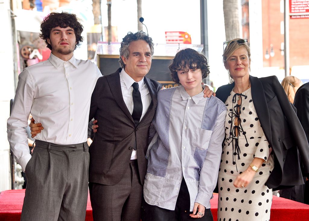 Keen Ruffalo, Mark Ruffalo, Bella Noche Ruffalo and Sunrise Coigney at the star ceremony where Mark Ruffalo is honored with a star on the Hollywood Walk of Fame on February 8, 2024 in Los Angeles, California