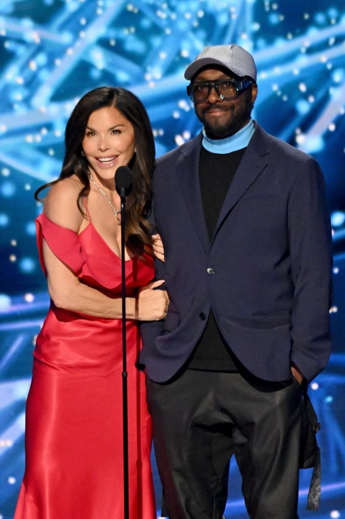 Lauren Sanchez and will.i.am speak onstage during the 11th Breakthrough Prize Ceremony at Barker Hangar on April 05, 2025 in Santa Monica, California