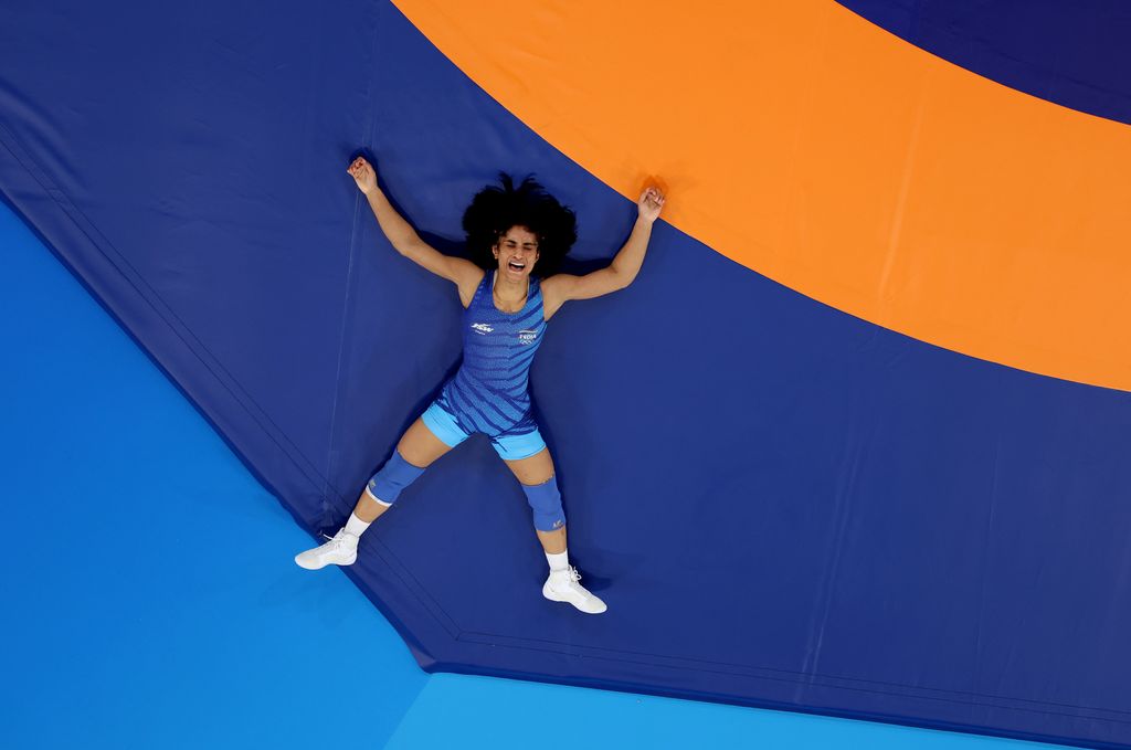 Vinesh Vinesh of Team India react during the Women's Freestyle 68kg Repechage match between Yui Susaki of Team Japan and Vinesh Vinesh of Team India on day eleven of the Olympic Games Paris 2024 at Champs-de-Mars Arena on August 06, 2024 in Paris, France