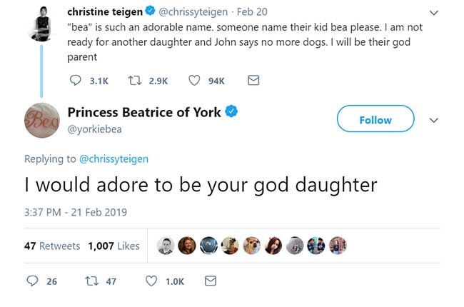 Princess Beatrice tweet Chrissy Teigen