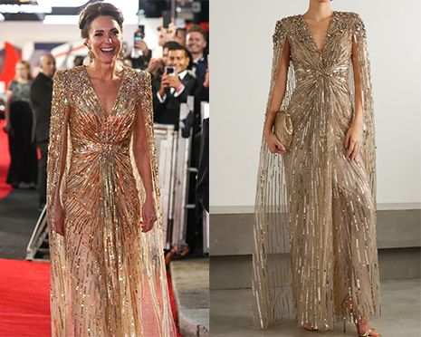 Kate Middleton w złotej sukience Jenny Packham „Bond Girl”. 