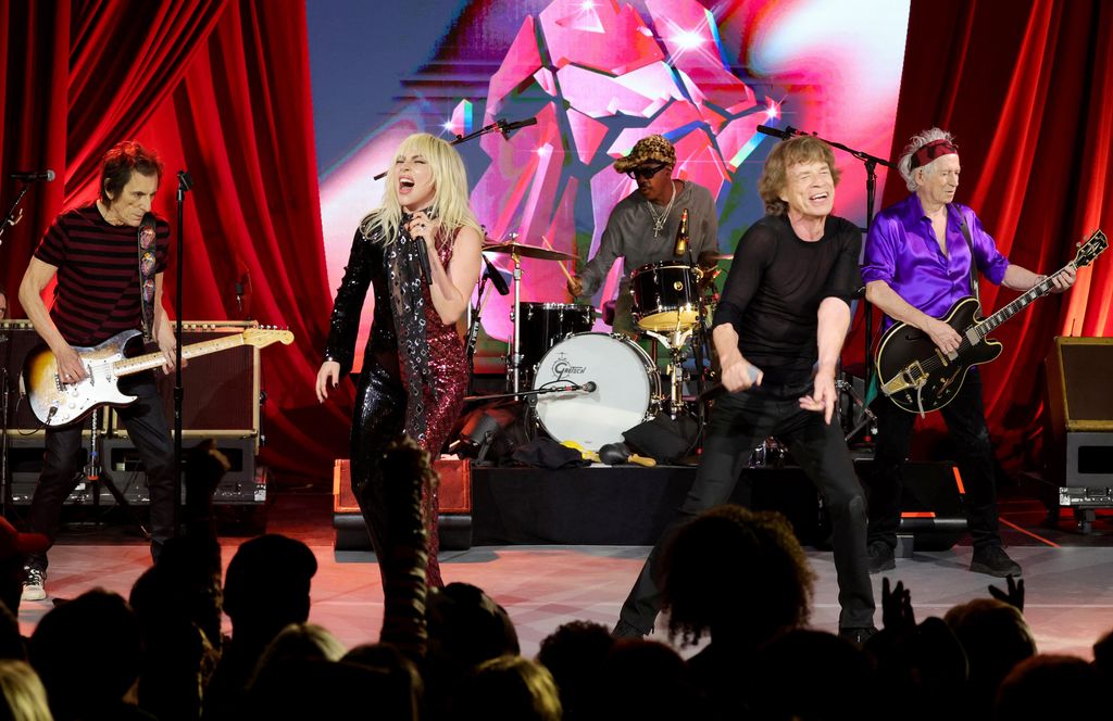 Ronnie Wood, Lady Gaga, Mick Jagger, Steve Jordan and Keith Richards perform during The Rolling Stones surprise set
