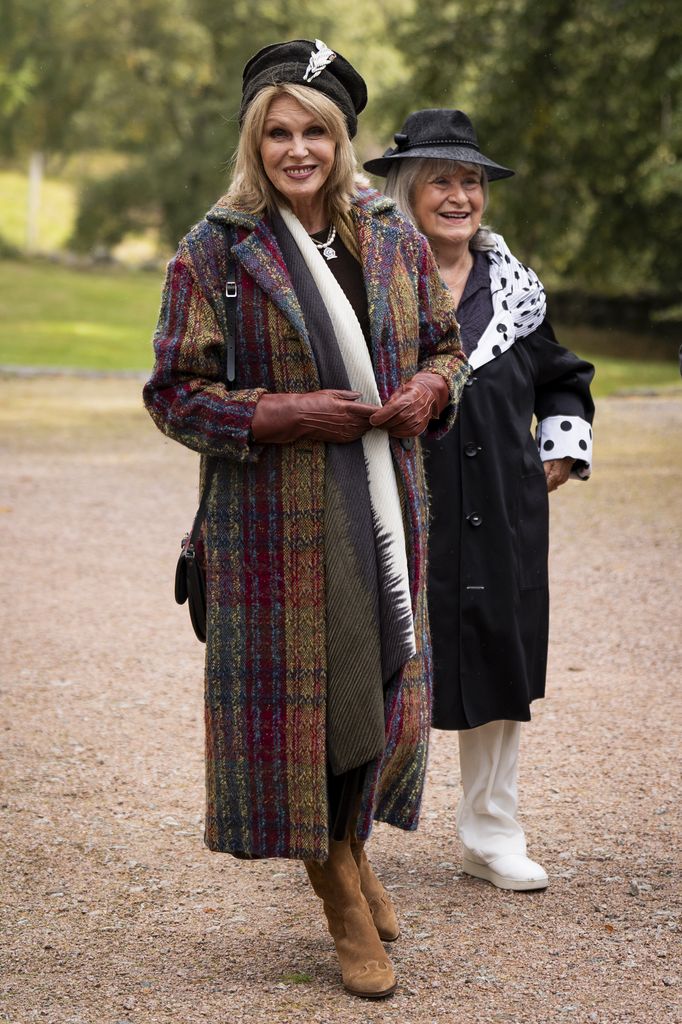 CRATHIE, ABERDEENSHIRE - SEPTEMBER 7: (L-R) Dame Joanna Lumley and Baroness Helena Kennedy arrive to attend a Sunday church service at Crathie Kirk, near Balmoral on September 7, 2025 in Crathie, Aberdeenshire. (Photo by Aaron Chown - Pool / Getty Images)