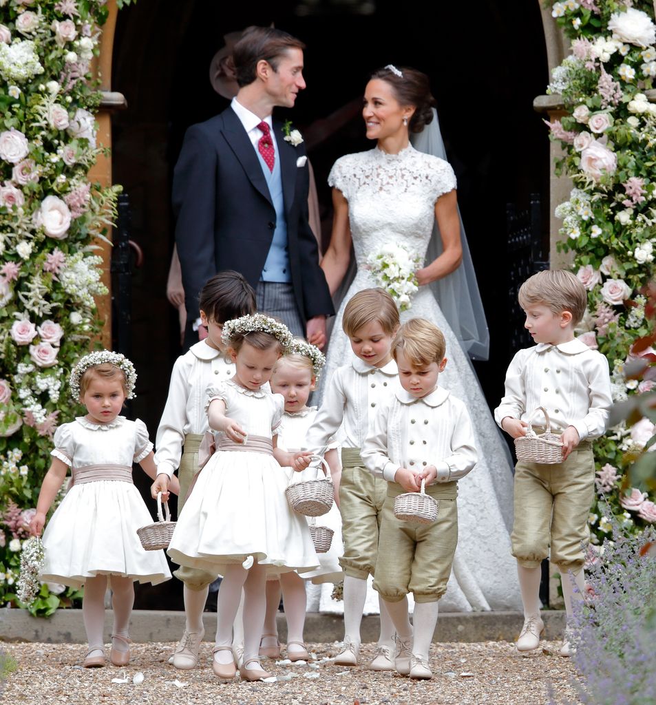 Pippa Middleton and James Matthews behind page boys and flower girls including Prince George