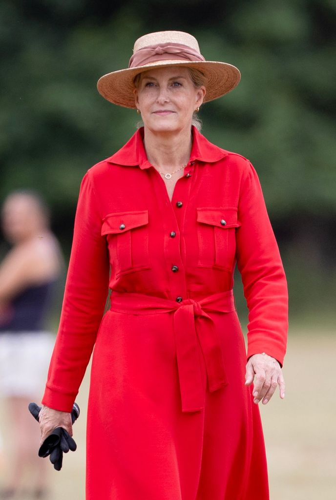 Sophie Duchess of Edinburgh in red shirt dress and straw boater