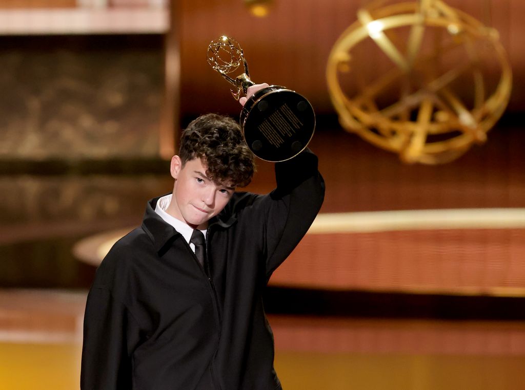 Owen Cooper accepts the Outstanding Supporting Actor in a Limited or Anthology Series or Movie award for "Adolescence" onstage during the 77th Primetime Emmy Awards at Peacock Theater on September 14, 2025 in Los Angeles, California.