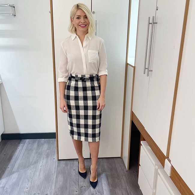 holly willoughby black white checked skirt this morning