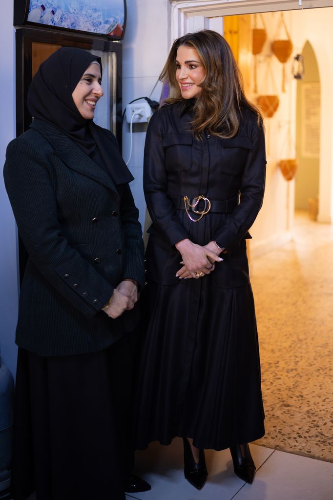 Queen Rania wore a black belted dress and point-toe heels