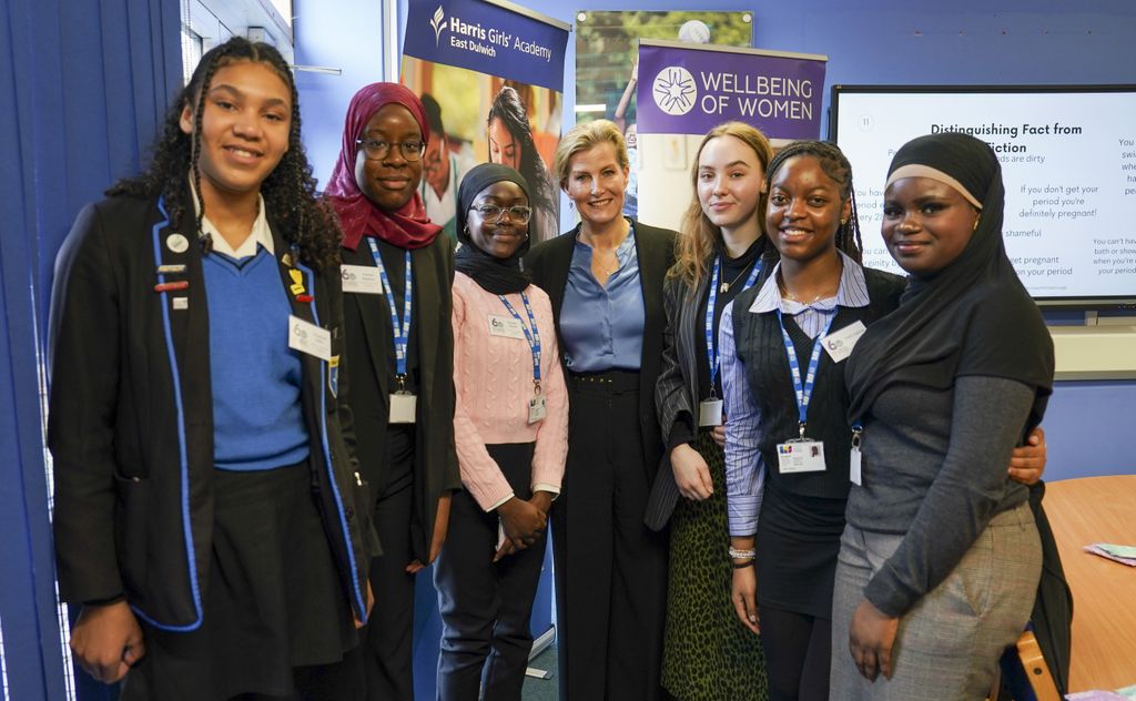 Duchess Sophie takes a group photo with school pupils at Harris Girls Academy