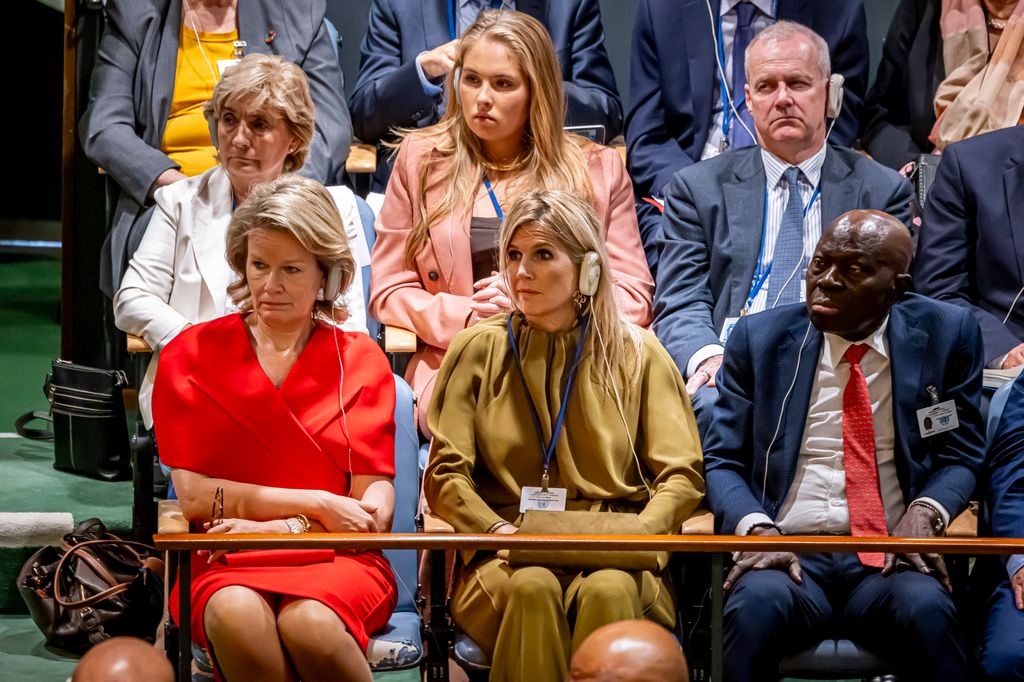 Queen Mathilde of Belgium, Queen Maxima of The Netherlands and  Princess Amalia of The Netherlands (2nd row C) attend the opening session of the General Assembly at United Nations on September 23, 2025 in New York City